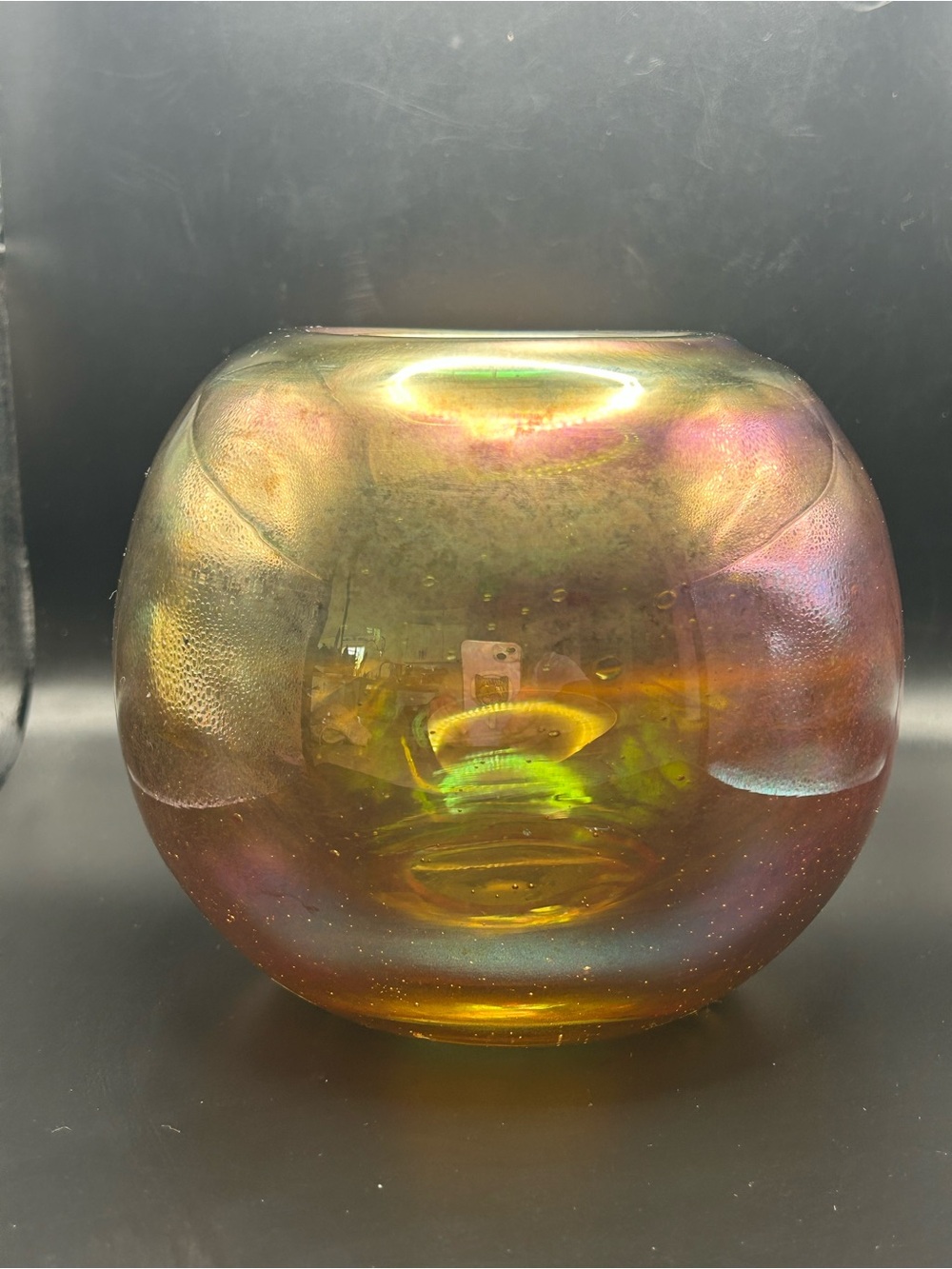 VTG Hand blown Iridescent Squat Sphere Vase Oil Slick Rainbow Luster